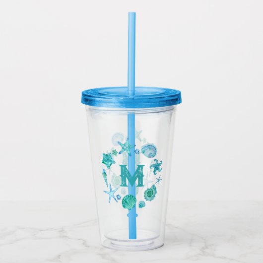 Coastal Ocean Blue Seashells en Starfish Monogram Acryl Drinkbeker (Voorkant)