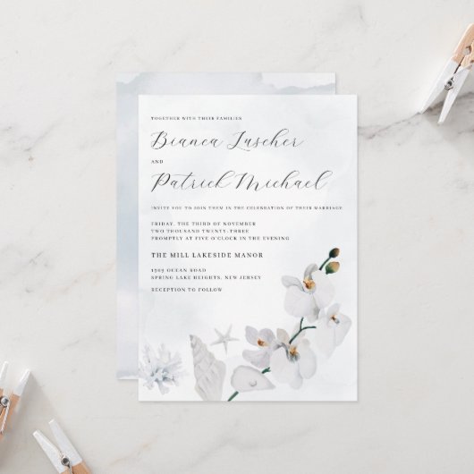 Coastal Orchid Elegant Strand Wedding Kaart (Voorkant / Achterkant in situ)