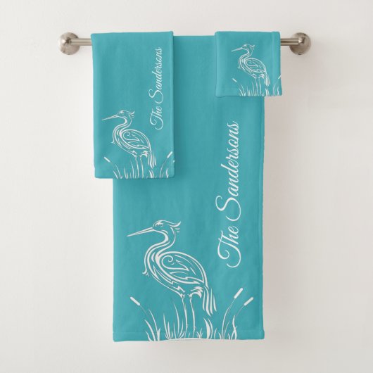 Coastal Personalize Witte Heron Aqua Blauwgroen Bl Bad Handdoek (Insitu)