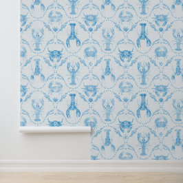 Coastal Preppy Lobster and Crabs in Light Blue Behang