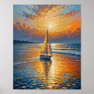 Coastal Radiant Sunset Zeilboot Olieverfmuur Poster