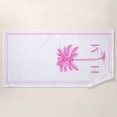Coastal Roze en Witte Palmetto Palm Tree Monogram Strandlaken (Voorkant)