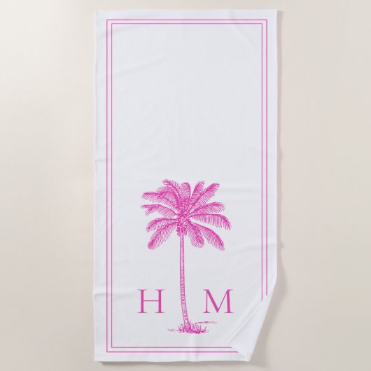 Coastal Roze en Witte Palmetto Palm Tree Monogram Strandlaken (Voorkant)