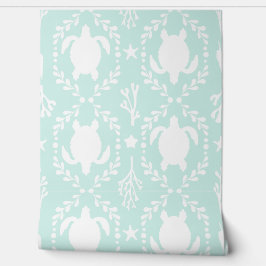 Coastal Sea Turtles in White and Mint Green Behang
