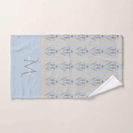Coastal Seahorse Cameo Blue Cream Strip Monogram Bad Handdoek (Handdoek)