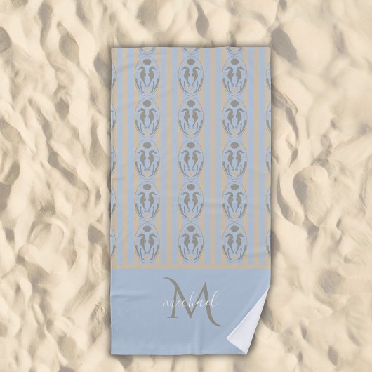 Coastal Seahorse Cameo Blue Cream Strip Monogram Strandlaken
