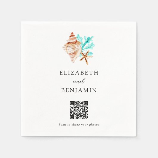 Coastal Seashell Beach Wedding QR Code Share Photo Servet (Voorkant)