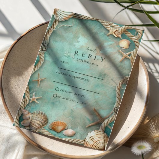 Coastal Seashell Botanical Wedding RSVP Kaartje