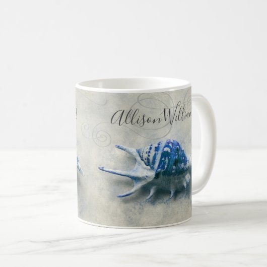 Coastal Seashell Indigo Blue Monogramme Name Koffiemok (Voorkant rechts)
