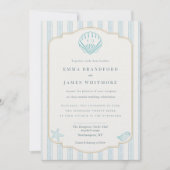 Coastal Seashell Monogram Nautical Striped Wedding Kaart (Voorkant)