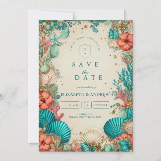 Coastal Seashell Wedding Save The Date (Voorkant)