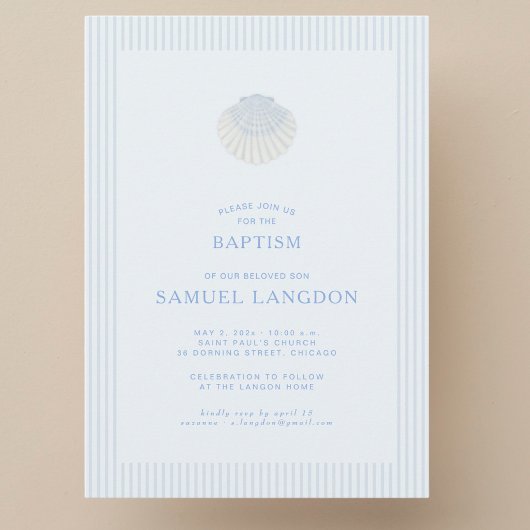 Coastal shell blue striped baptism Invitation
