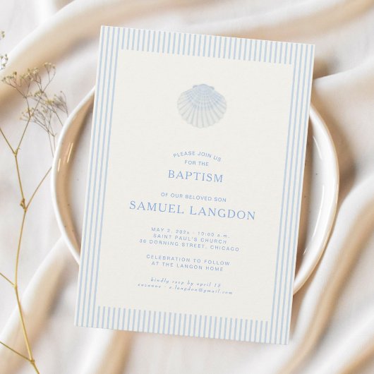 Coastal shell blue striped baptism Invitation Kaart
