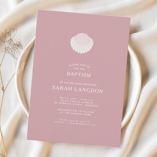 Coastal shell dusty pink baptism Invitation Kaart