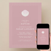 Coastal shell dusty pink striped baptism Invitatio Kaart
