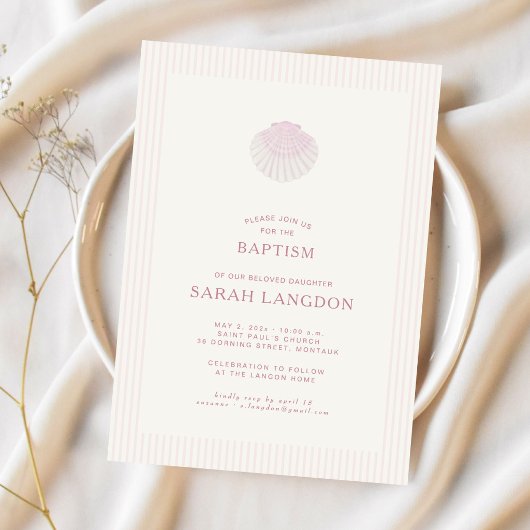 Coastal shell pink striped baptism Invitation Kaart