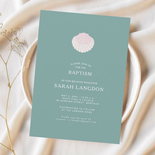 Coastal shell sage green pink baptism Invitation