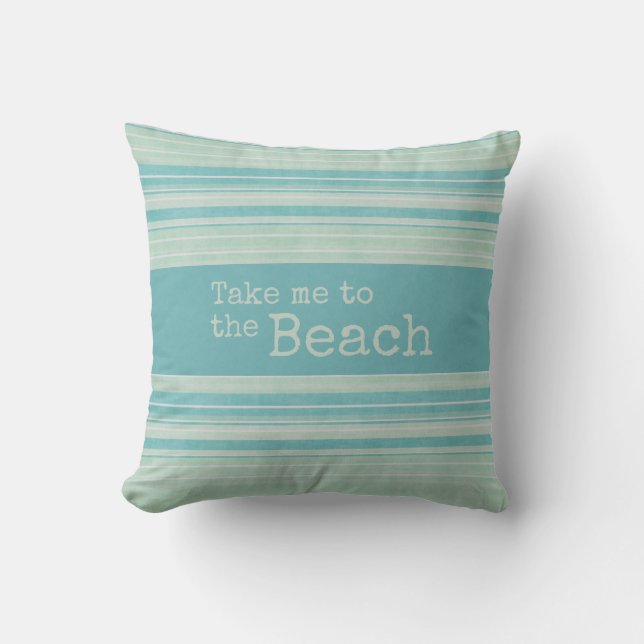 Coastal Stripe Rustic Beach Blauw Groen Kussen (Voorkant)