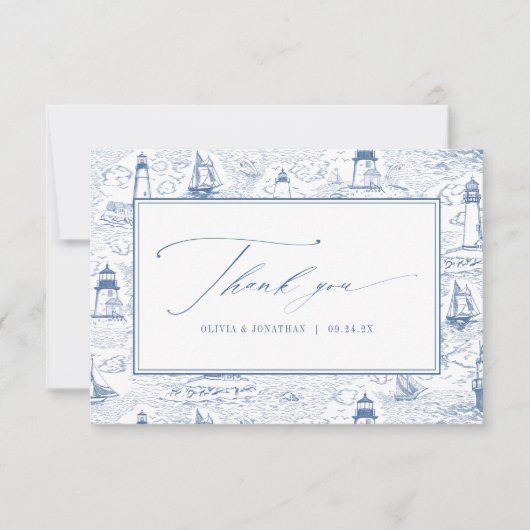 Coastal Toile Lighthouse Blue Wedding Bedankkaart (Voorkant)