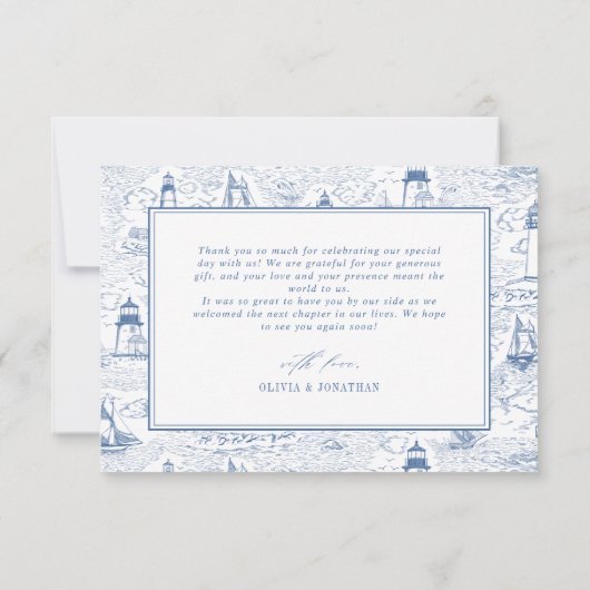 Coastal Toile Lighthouse Blue Wedding Bedankkaart (Achterkant)