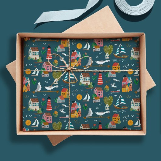 Coastal Village Blue Pattern Baby shower Party Tissuepapier