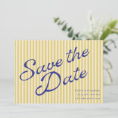Coastal Yellow Blue Retro Stripe Wedding Script Save The Date (Staand voorkant)