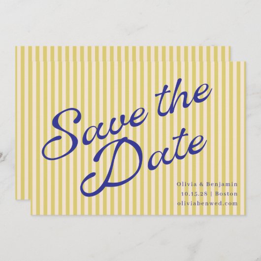 Coastal Yellow Blue Retro Stripe Wedding Script Save The Date (Voorkant / Achterkant)