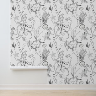 Coastal Zwart & Wit LIne Art Zee Levenspatroon Behang