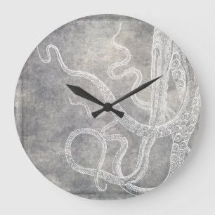 Coastale Waterverf Octopus Silver Pewter Neutrale  Grote Klok