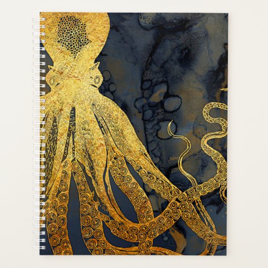 Coastère Vintage Octopus Gold Black Blue Aquarelle (Devant)