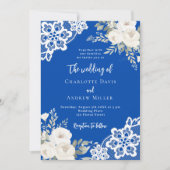 Cobal blauwe witte rozen kant bruiloft kaart (Voorkant)