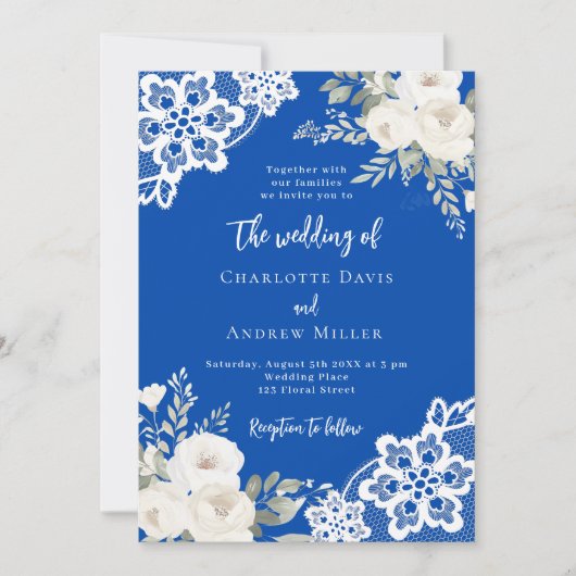 Cobal blauwe witte rozen kant bruiloft kaart (Voorkant)