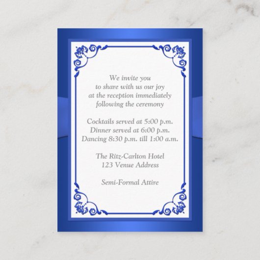 Cobalt Bleu, Blanc Floral Mariage Carte Réception (Dos)