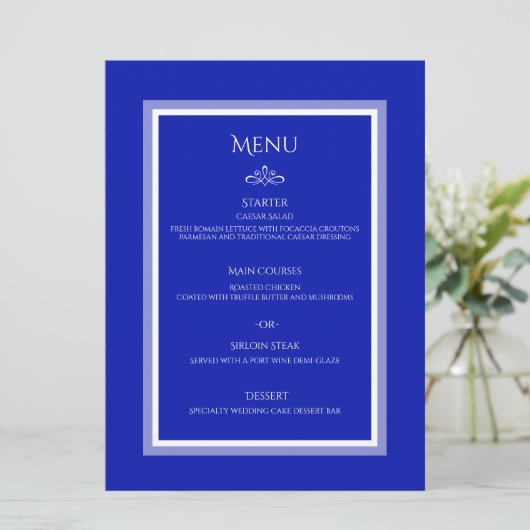 Cobalt bleu personnalisable menu plat mariage (Debout devant)