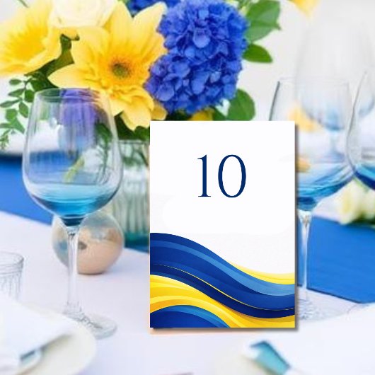 Cobalt Blue and Yellow Modern Wedding Table Number Kaart