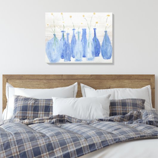 Cobalt Blue Bottles with Daisies Jars Canvas Afdruk (Insitu (Slaapkamer))