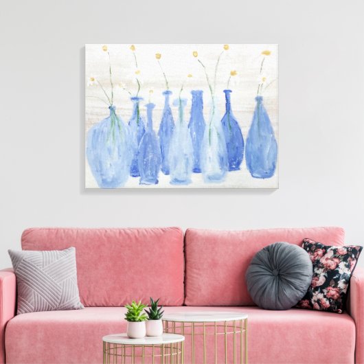 Cobalt Blue Bottles with Daisies Jars Canvas Afdruk (Insitu (Woonkamer))