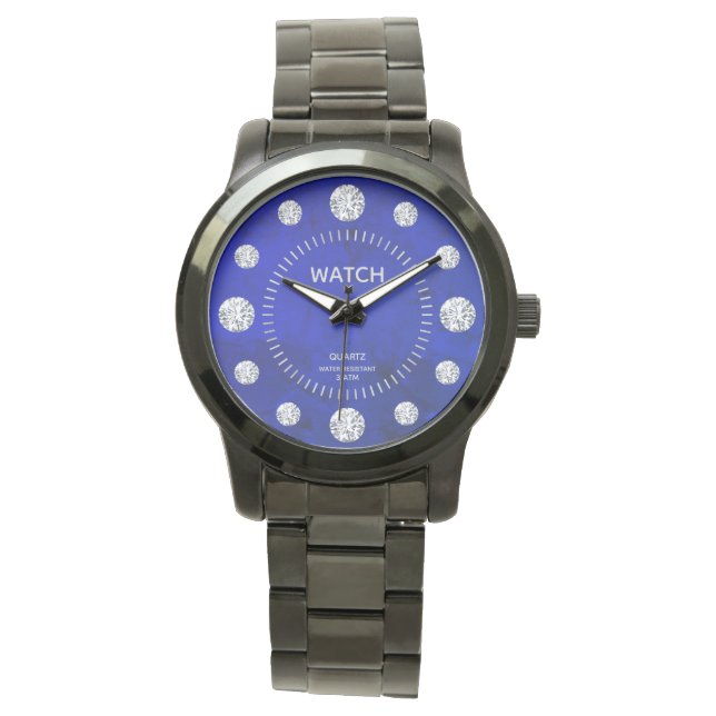 Cobalt Blue Diamond Solitaire Dial Aangepaste naam Horloge (Voorkant)