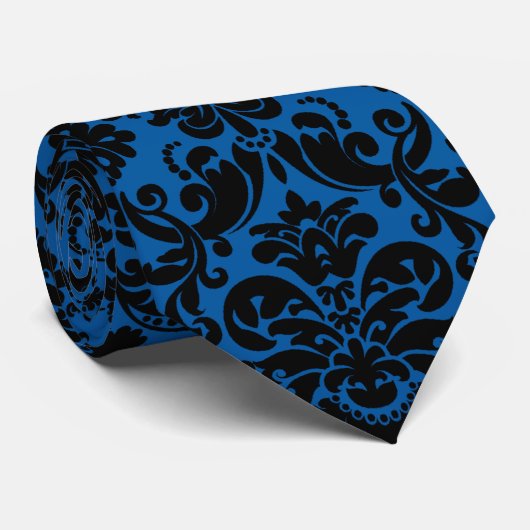 Cobalt Blue en Black Damask Necktie Stropdas (Opgerold)