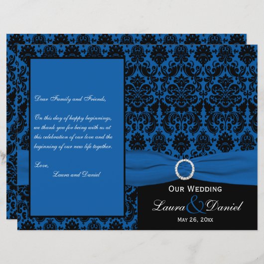 Cobalt Blue en Black Damask Wedding Programme (Voorkant / Achterkant)