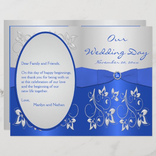 Cobalt Blue et Silver Floral Wedding Programme (Devant / Derrière)
