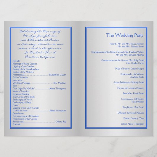 Cobalt Blue et Silver Floral Wedding Programme (Dos)