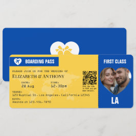 Cobalt Blue & Lemon Yellow Boarding Pass Wedding Kaart