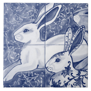 Cobalt Blue Rabbit Chinoiserie Dedham Delft Navy Tegeltje
