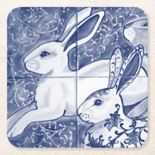 Cobalt Blue Rabbit Chinoiserie Dedham Delft Navy Vierkante Kartonnen Onderzetter