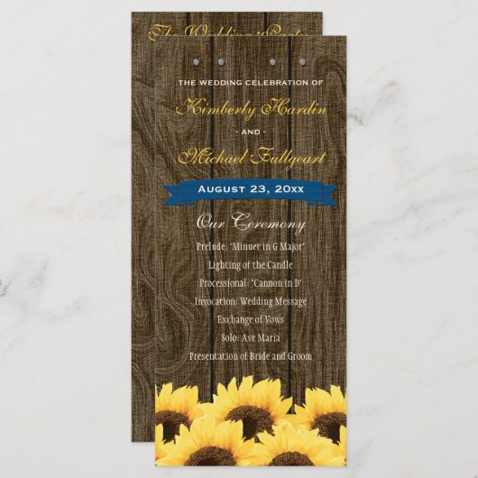 Cobalt Blue Rustic Sunflower Wedding Programme (Devant / Derrière)