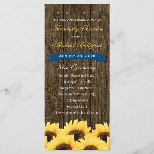 Cobalt Blue Rustic Sunflower Wedding Programme (Devant)