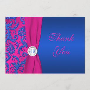 Cobalt en Fuchsia Damask Monogram Dank u kaart
