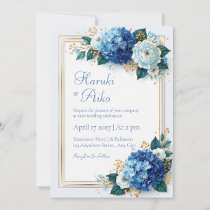 Cobalt Hydrangea Vergulde Bloem Kader Bruiloft Kaart
