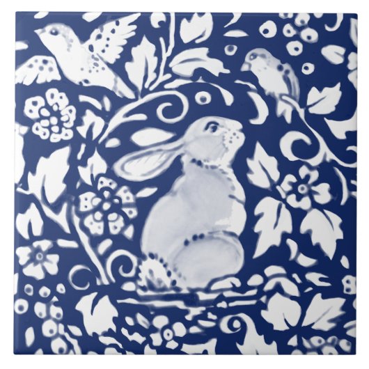 Cobalt Navy Blue Rabbit Bird Dedham Delft Morris C Tegeltje (Voorkant)